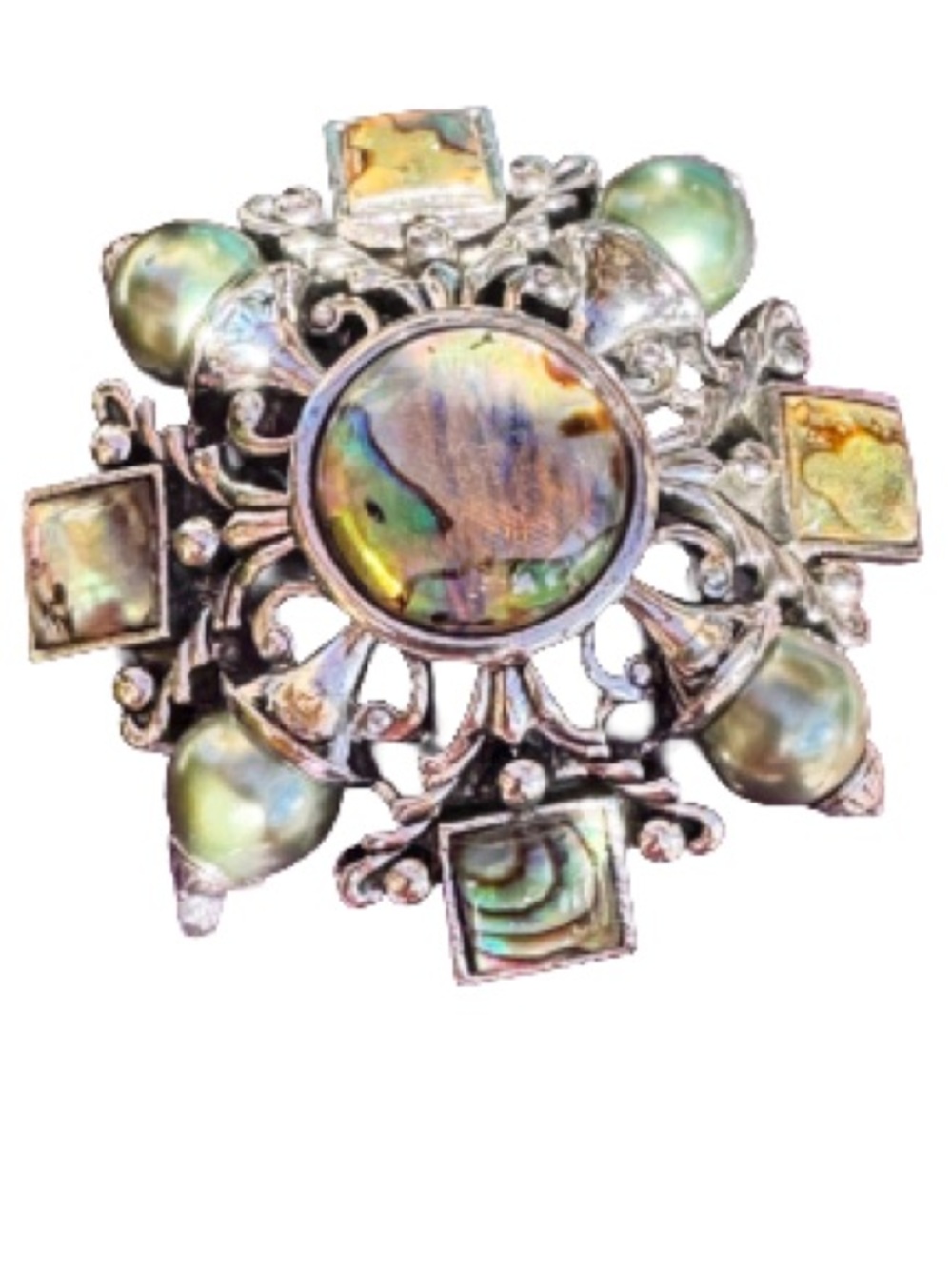 Joan Rivers Signed Abalone Shell & Faux Pearl Silver-Tone Brooch Pin